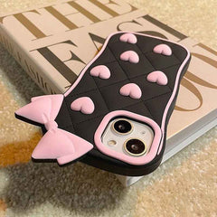 Cute Pink Bow & Hearts Silicone Case for iPhone – Soft 3D Girly Phone Cover (Black & Pink)