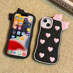 Cute Pink Bow & Hearts Silicone Case for iPhone – Soft 3D Girly Phone Cover (Black & Pink)