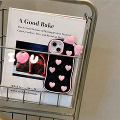 Cute Pink Bow & Hearts Silicone Case for iPhone – Soft 3D Girly Phone Cover (Black & Pink)