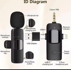 K15 Wireless Lavalier Microphone with Noise Reduction for Phone and Camera
