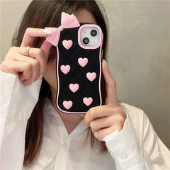 Cute Pink Bow & Hearts Silicone Case for iPhone – Soft 3D Girly Phone Cover (Black & Pink)