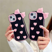 Cute Pink Bow & Hearts Silicone Case for iPhone – Soft 3D Girly Phone Cover (Black & Pink)