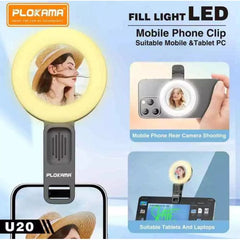 PLOKAMA LED U20 - مصباح سيلفي محمول قابل لإعادة الشحن مع 3 أوضاع ألوان و6 مستويات سطوع ودوران 180° ومرآة مدمجة للهاتف والفيديو