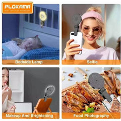 PLOKAMA LED U20 - مصباح سيلفي محمول قابل لإعادة الشحن مع 3 أوضاع ألوان و6 مستويات سطوع ودوران 180° ومرآة مدمجة للهاتف والفيديو