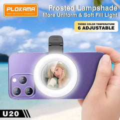PLOKAMA LED U20 - مصباح سيلفي محمول قابل لإعادة الشحن مع 3 أوضاع ألوان و6 مستويات سطوع ودوران 180° ومرآة مدمجة للهاتف والفيديو