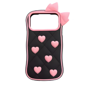 Cute Pink Bow & Hearts Silicone Case for iPhone – Soft 3D Girly Phone Cover (Black & Pink)