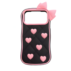 Cute Pink Bow & Hearts Silicone Case for iPhone – Soft 3D Girly Phone Cover (Black & Pink)