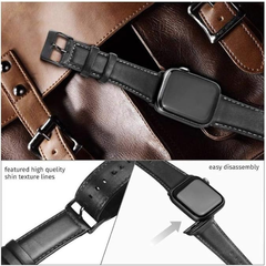 Black Leather Band for Apple Watch 44mm 42mm with Protective Case